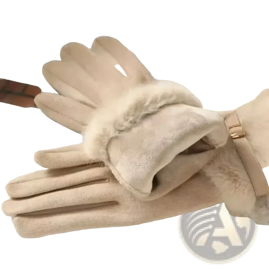 Beige women winter touchscreen gloves with fleece lined suede and beige faux fur plush interior visible from the back side
