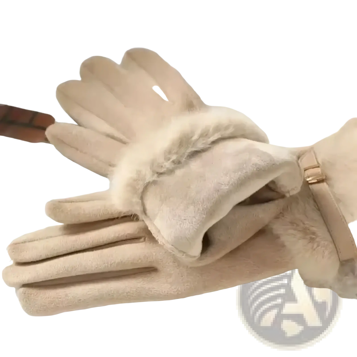 Beige women winter touchscreen gloves with fleece lined suede and beige faux fur plush interior visible from the back side