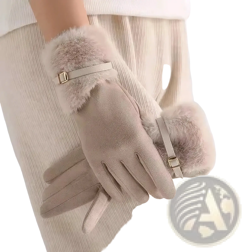 Beige women winter touchscreen gloves with fleece lining, suede exterior, and gold-tone buckle straps shown from the back