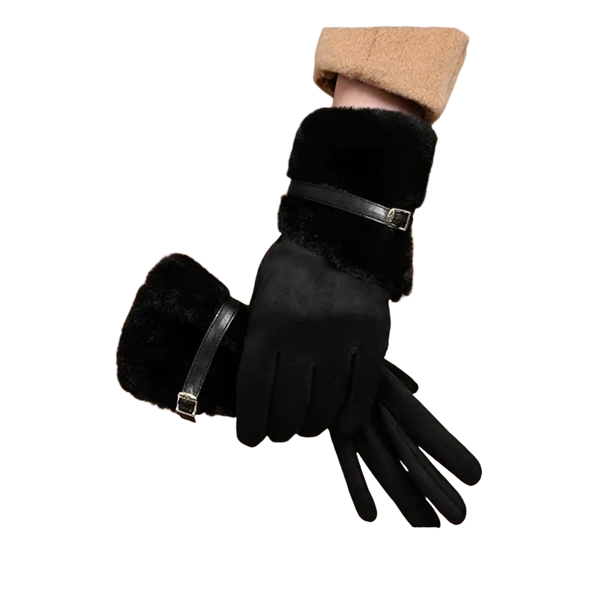 Black suede women winter touchscreen gloves with fleece lining plush fur cuffs and black leather strap detail showing back side