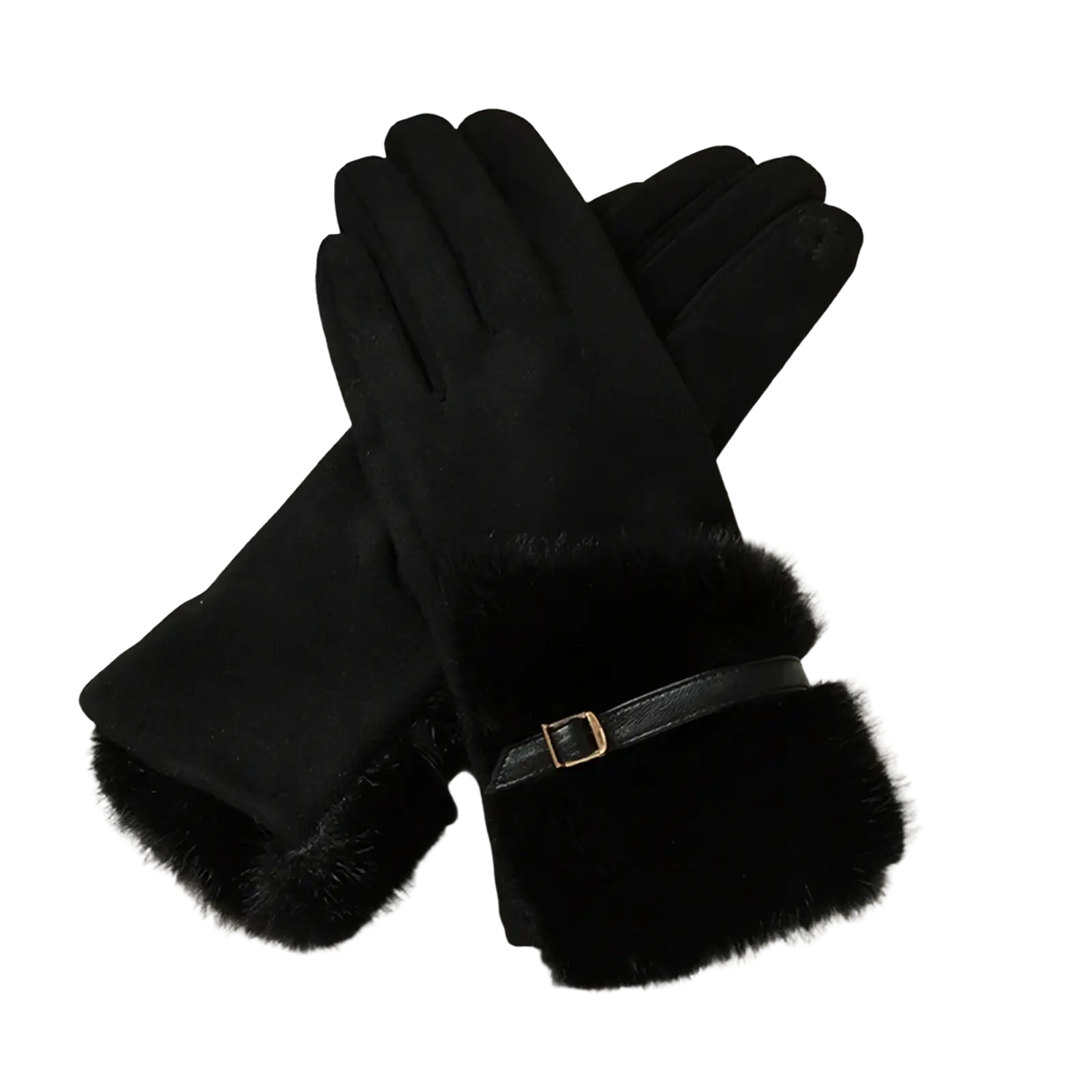 Black women winter touchscreen gloves fleece lined with faux fur lining leather strap and gold buckle at the wrist back view