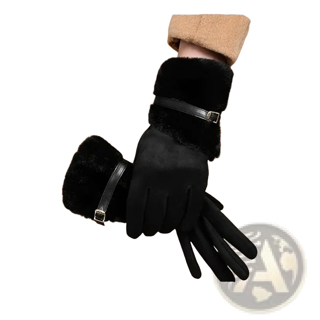 Black suede women winter touchscreen gloves with fleece lining plush fur cuffs and black leather strap detail showing back side
