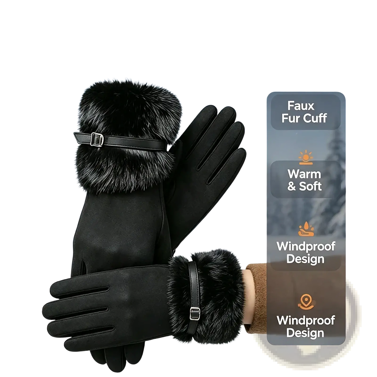 Black women winter touchscreen gloves with fleece lined suede and faux fur cuffs featuring leather strap detail