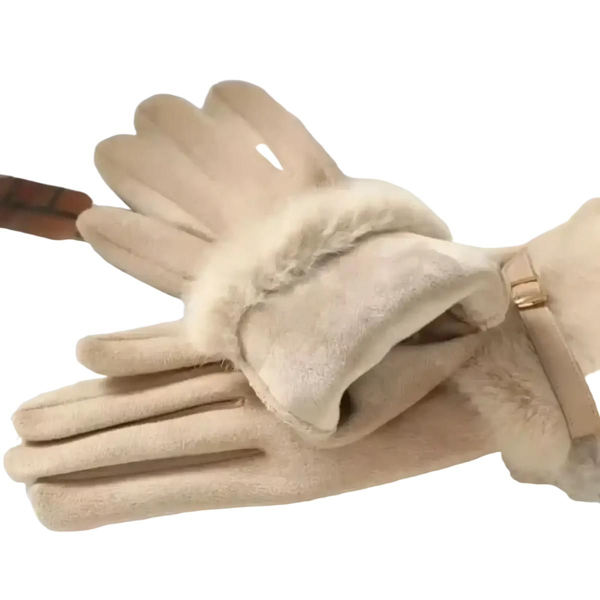 Cream-colored women winter touchscreen gloves with plush shearling fleece lining and gold-toned buckle on wrist