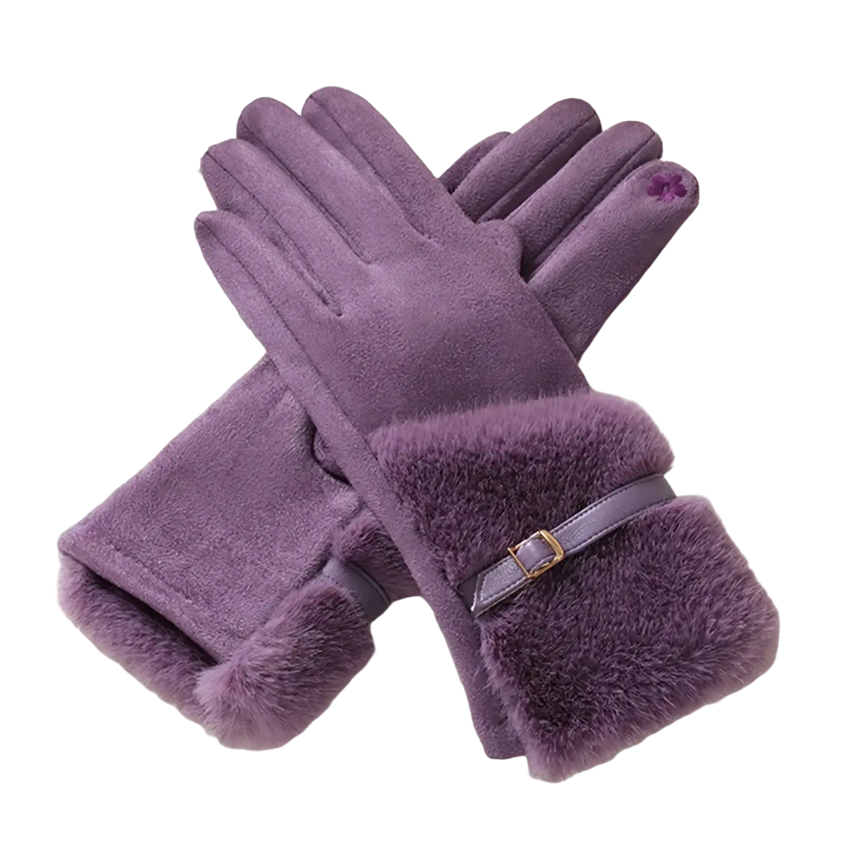 Purple women’s winter touchscreen gloves with fleece lining suede and faux fur trim with matching belt buckle at wrist