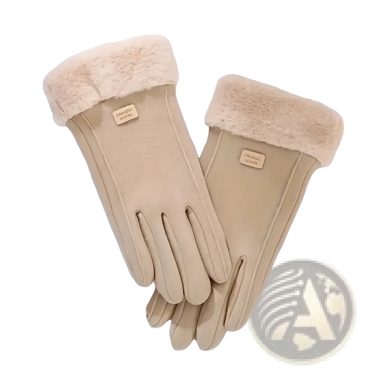 Beige leather women winter touchscreen gloves with plush light-colored fur lining and brand tag on the wrist back side