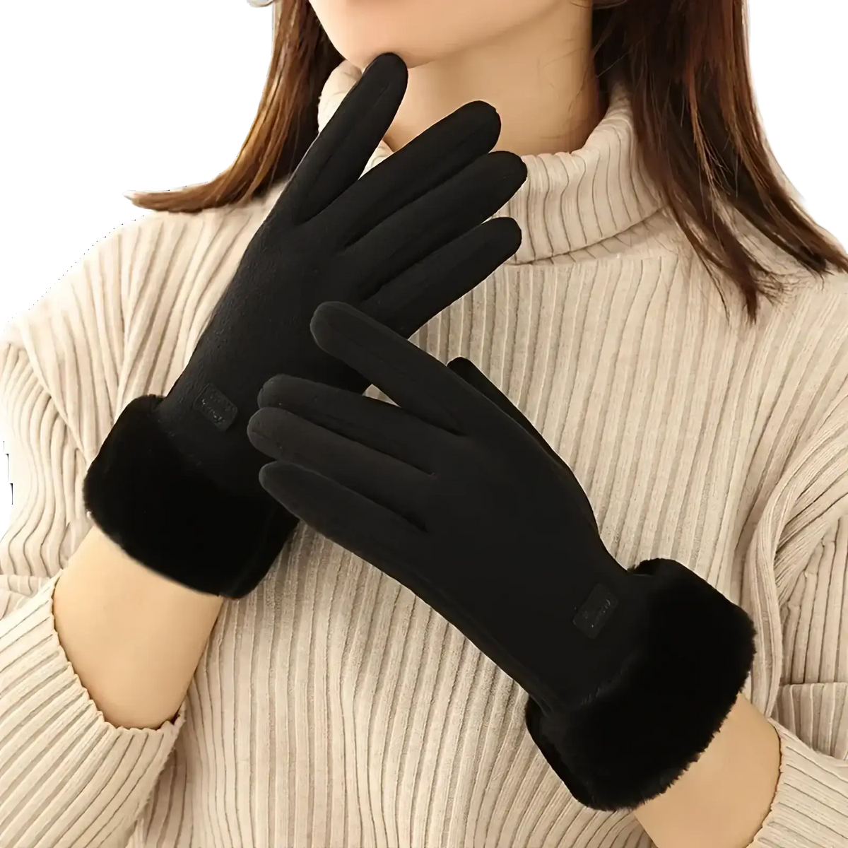 Black women winter touchscreen gloves with fleece lined windproof smooth outer material and plush fuzzy cuffs