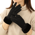 Black women winter touchscreen gloves with fleece lined windproof smooth outer material and plush fuzzy cuffs