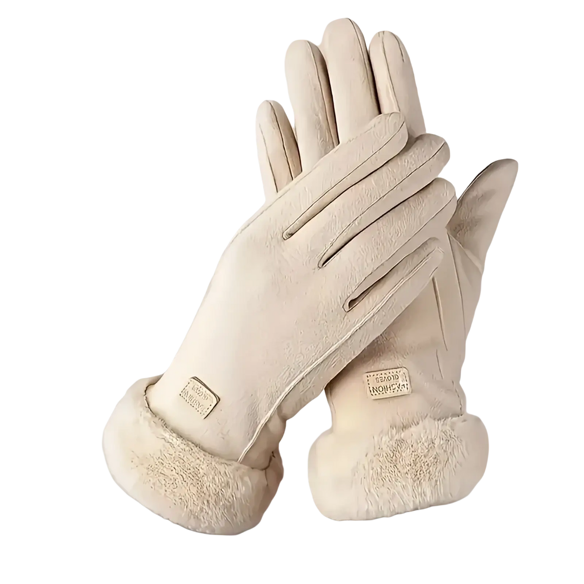 Cream-colored leather women winter touchscreen gloves with plush fur-lined cuffs fleece lined windproof and subtle brand patch