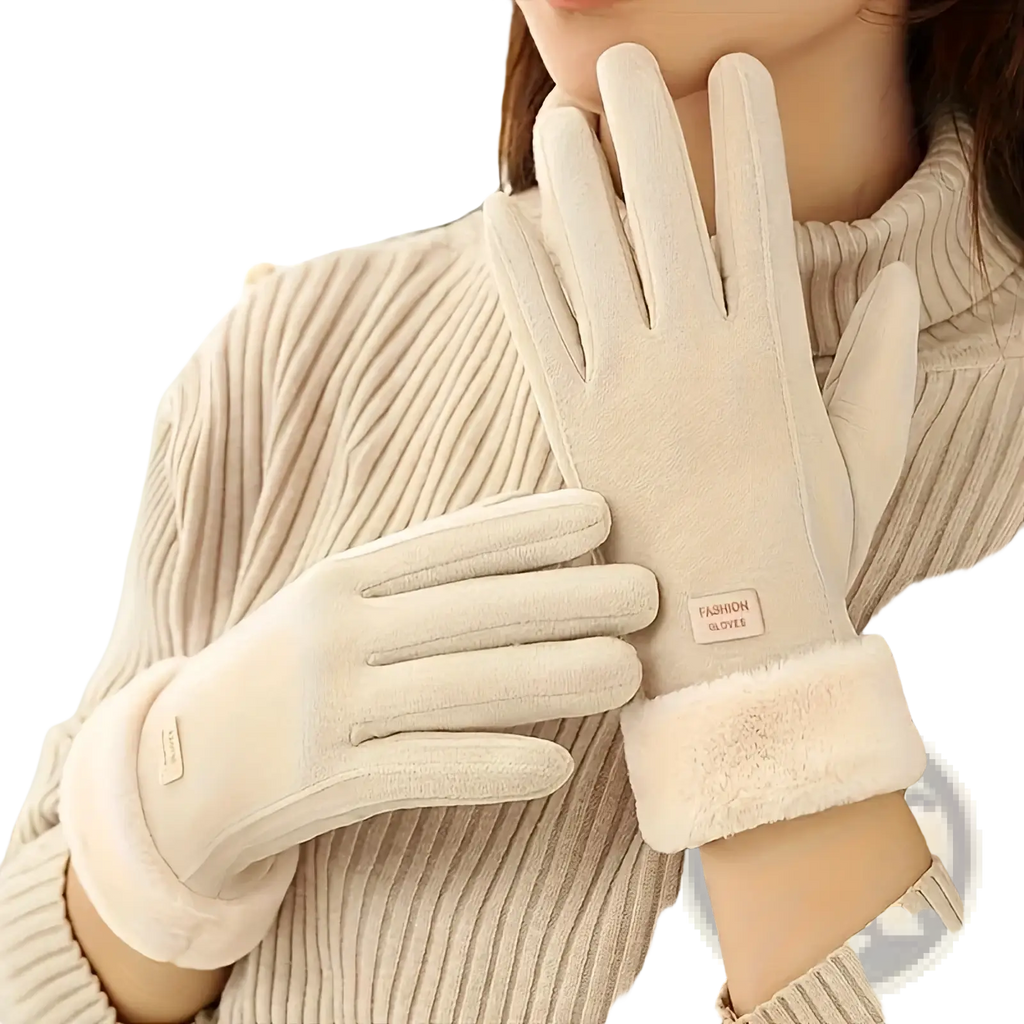 Women winter touchscreen gloves cream-colored plush fur with soft suede exterior and fleece-lined cuffs for cold weather