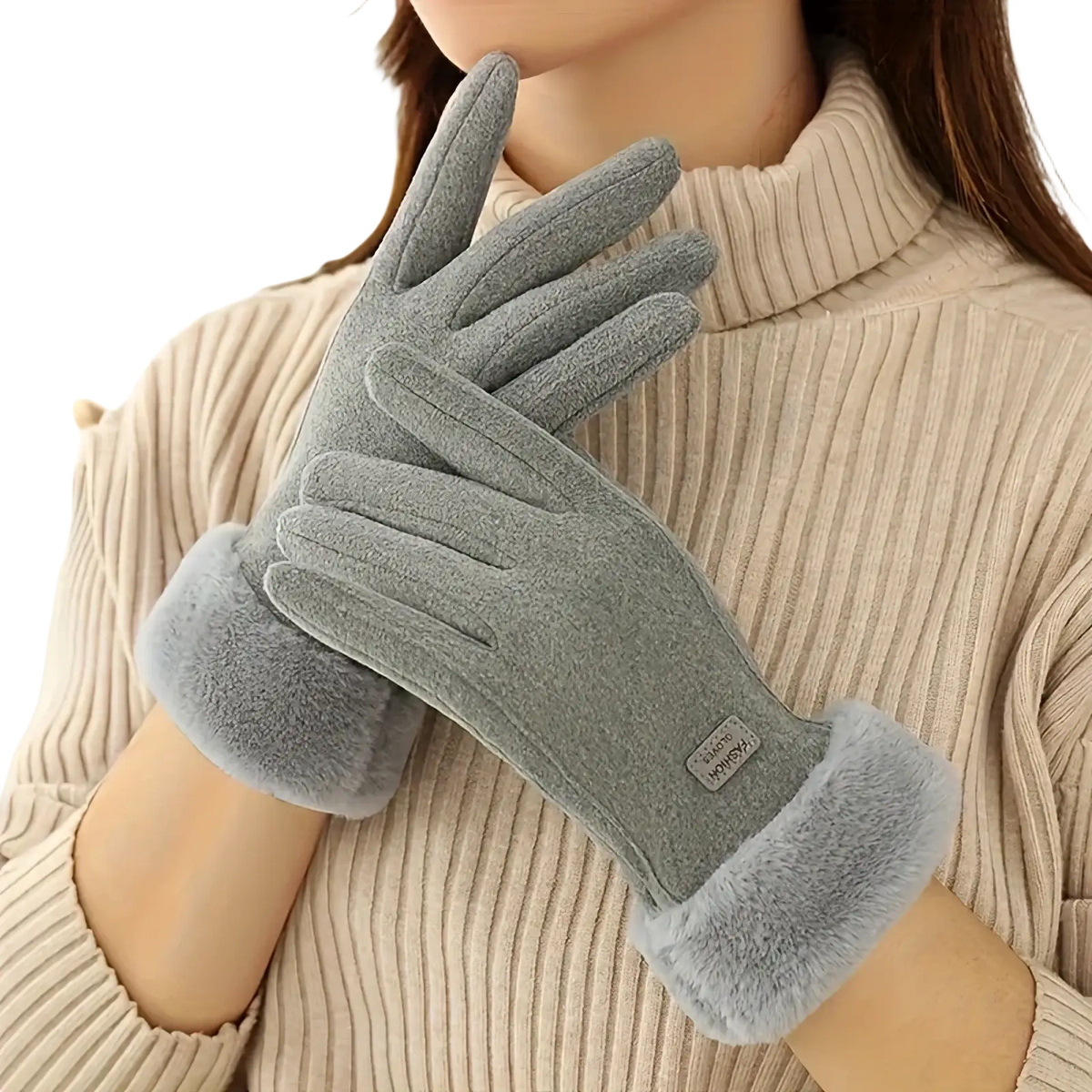 Gray women winter touchscreen gloves with fleece lined, windproof soft fabric body and plush fuzzy cuffs