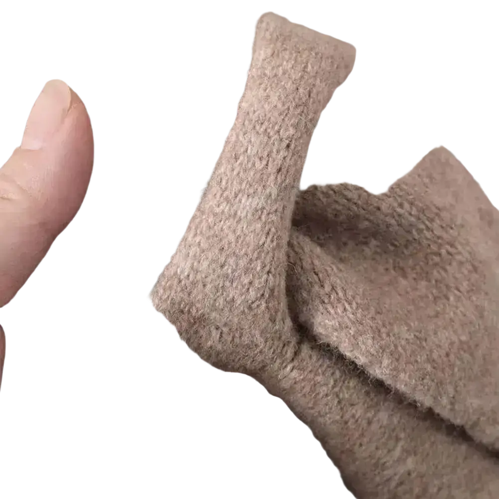 Beige soft-knit fingerless gloves with cozy textured fabric complementing women winter triangle knit scarf shawl