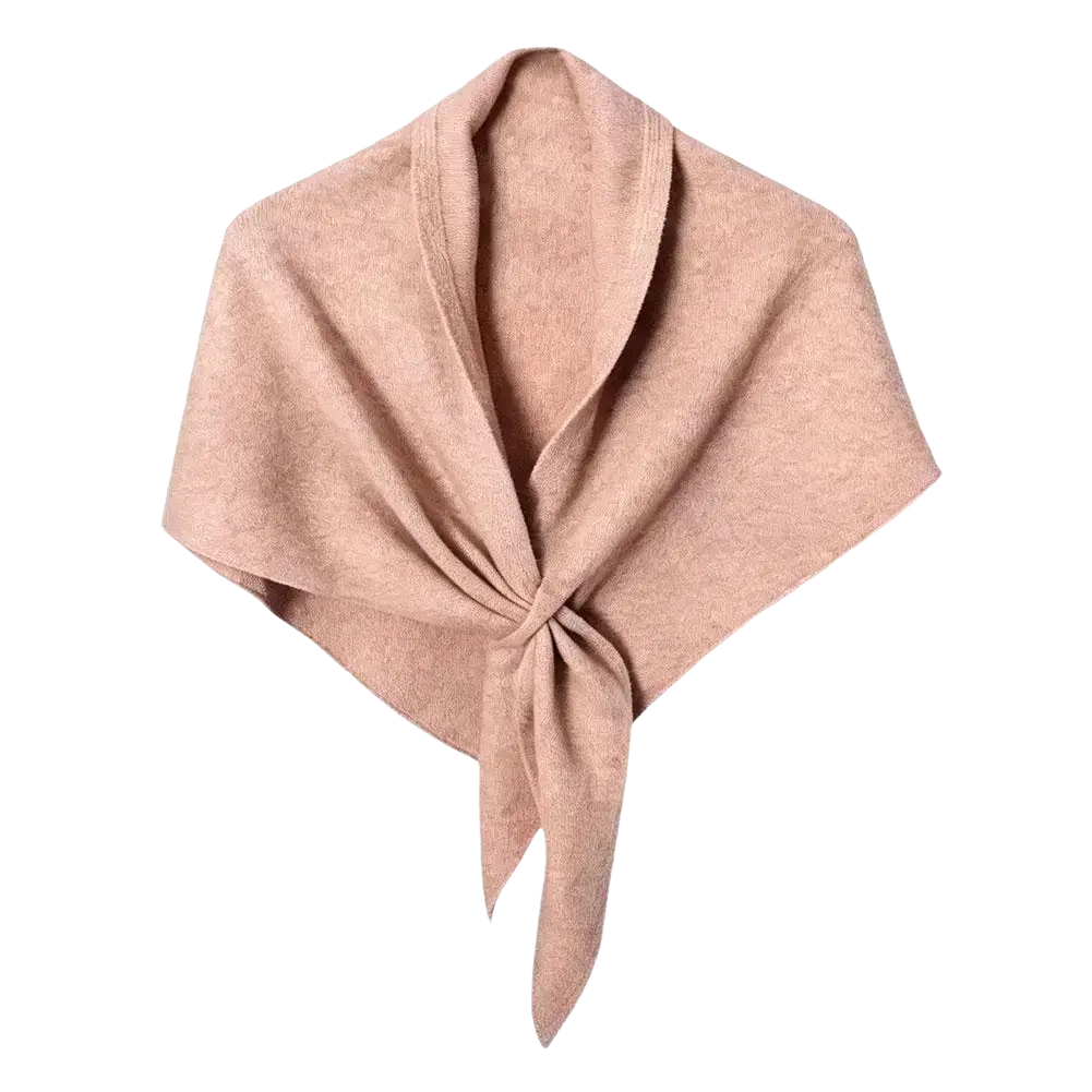 Women winter triangle knit scarf shawl in soft blush pink with subtle textured pattern and tied knot at center