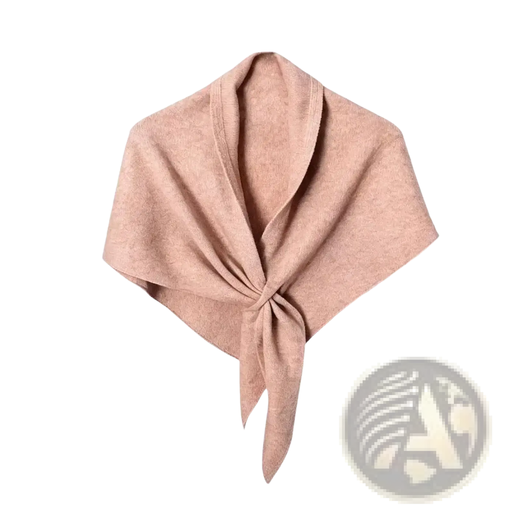 Women winter triangle knit scarf shawl in soft blush pink with square shape, subtle texture, and central knot detail