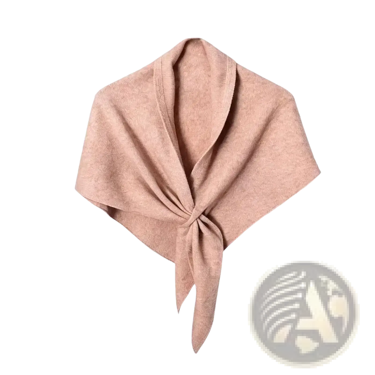 Women winter triangle knit scarf shawl in soft blush pink with square shape, subtle texture, and central knot detail