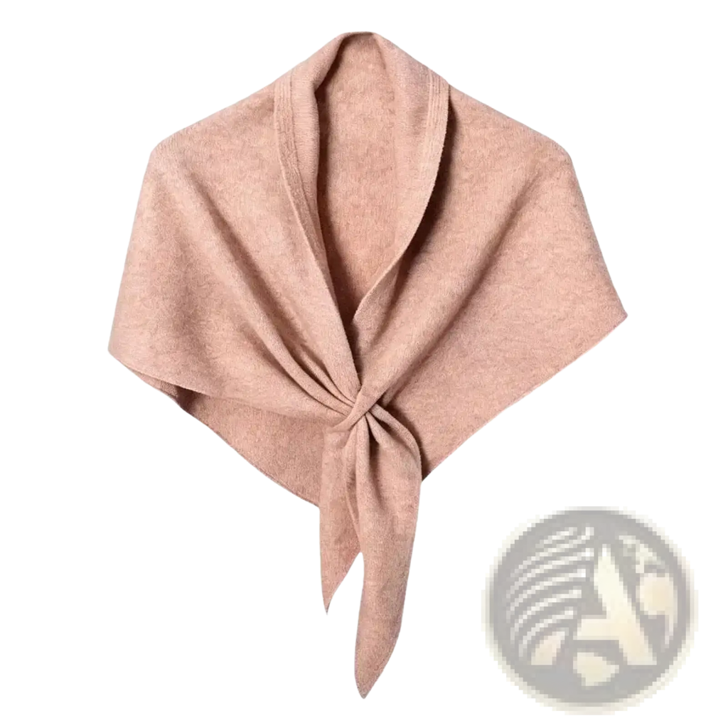 Women winter triangle knit scarf shawl in soft blush pink with subtle textured pattern and tied knot at center