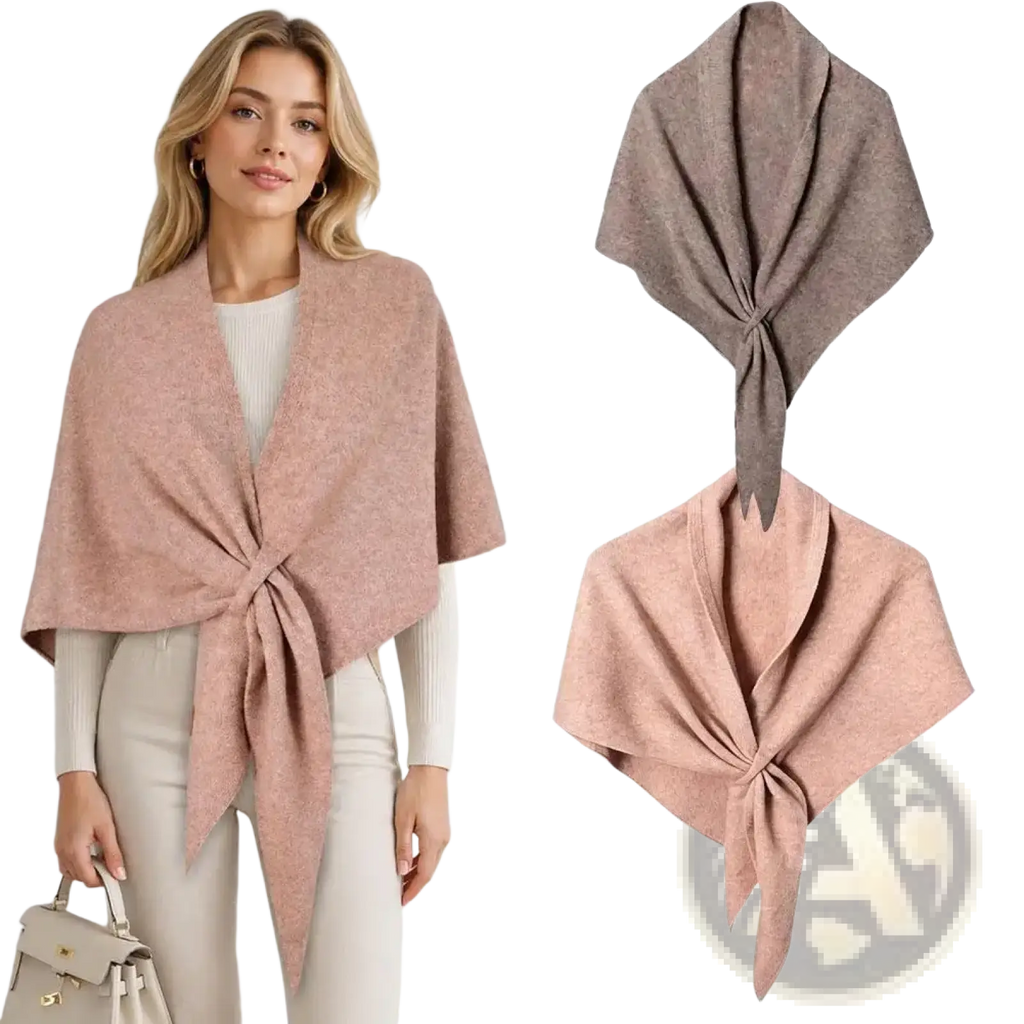 Soft blush pink woolen women winter triangle knit scarf shawl with a knotted front design for cold weather use