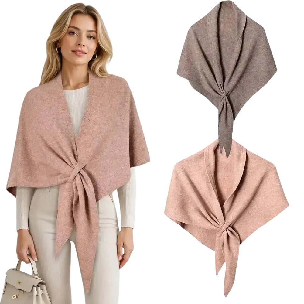 A dusty rose women’s winter triangle knit scarf shawl made of soft wool with a subtle textured weave and knotted front
