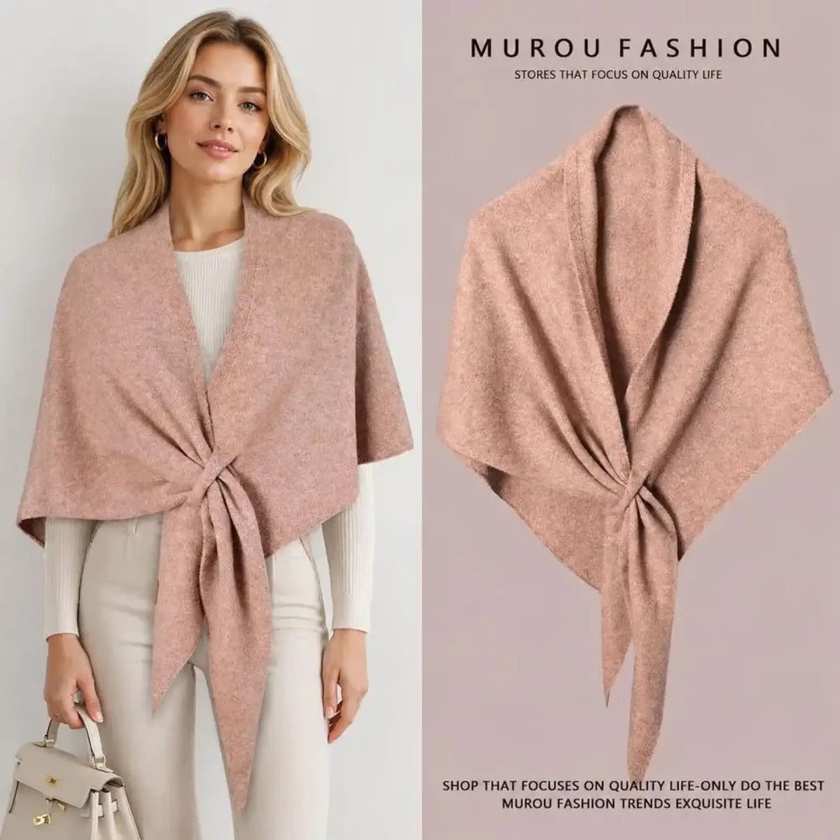 Women winter triangle knit scarf shawl in soft dusty rose wool with subtle textured weave and knotted front design