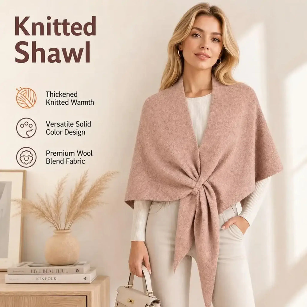 A soft pink women winter triangle knit scarf shawl made of premium thickened wool blend fabric for warmth