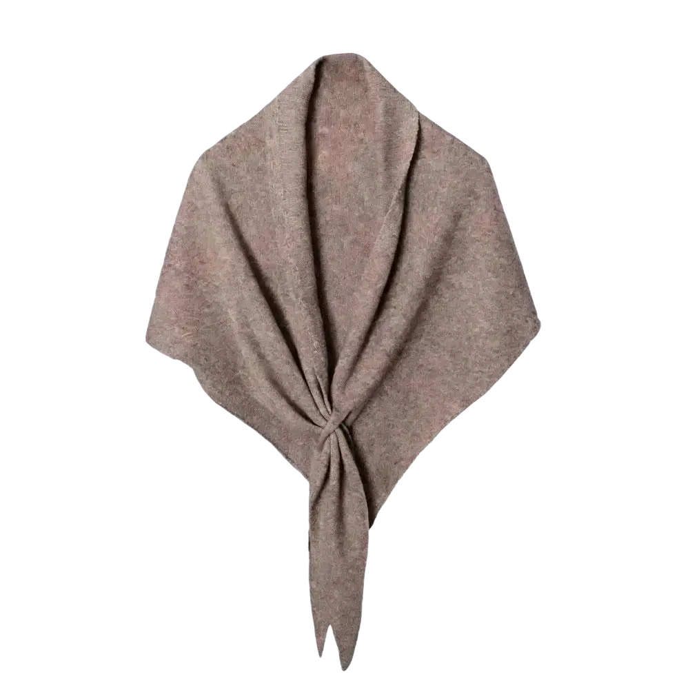 Women winter triangle knit scarf shawl in soft taupe with a subtle textured pattern and a tied knot at the center