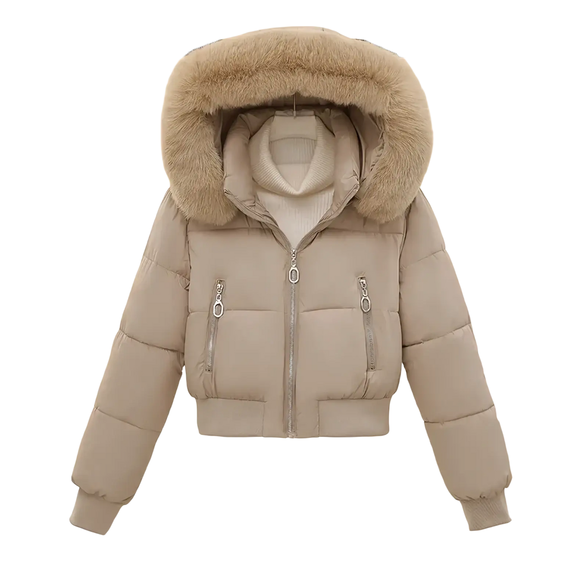 Beige women winter velvet puffer jacket with plush light brown fur-lined hood and silver zippers