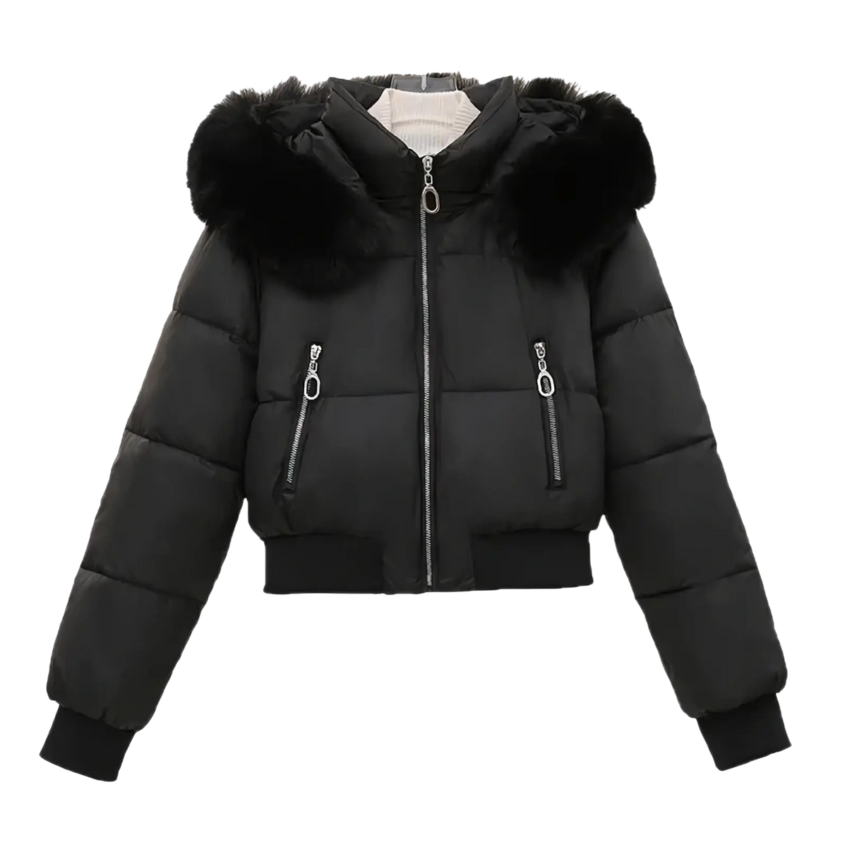 Black women winter velvet puffer jacket with plush fur-lined hood and silver zippers for cold weather use