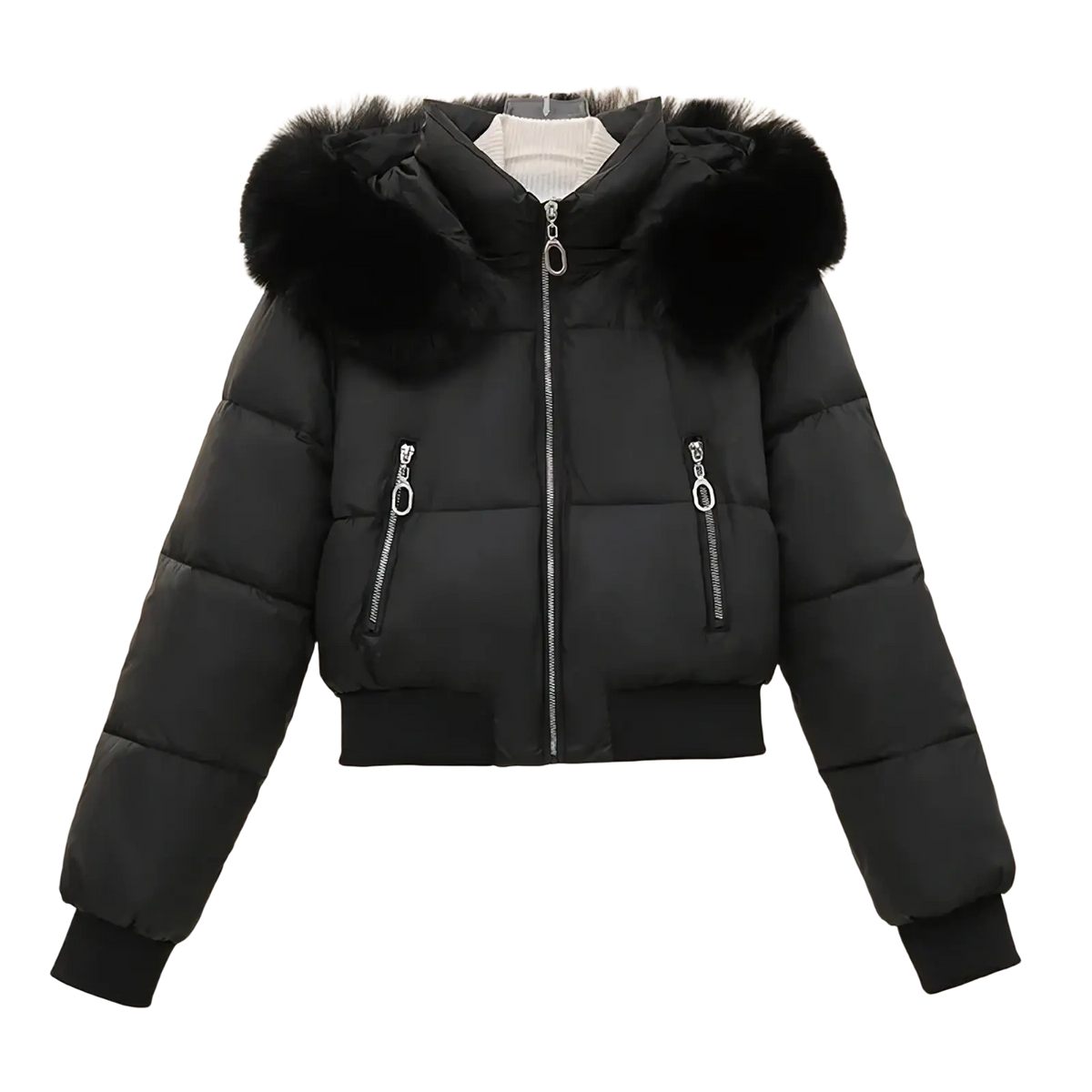 Women winter velvet black puffer jacket with plush fur-lined hood and silver zippers for cold weather use
