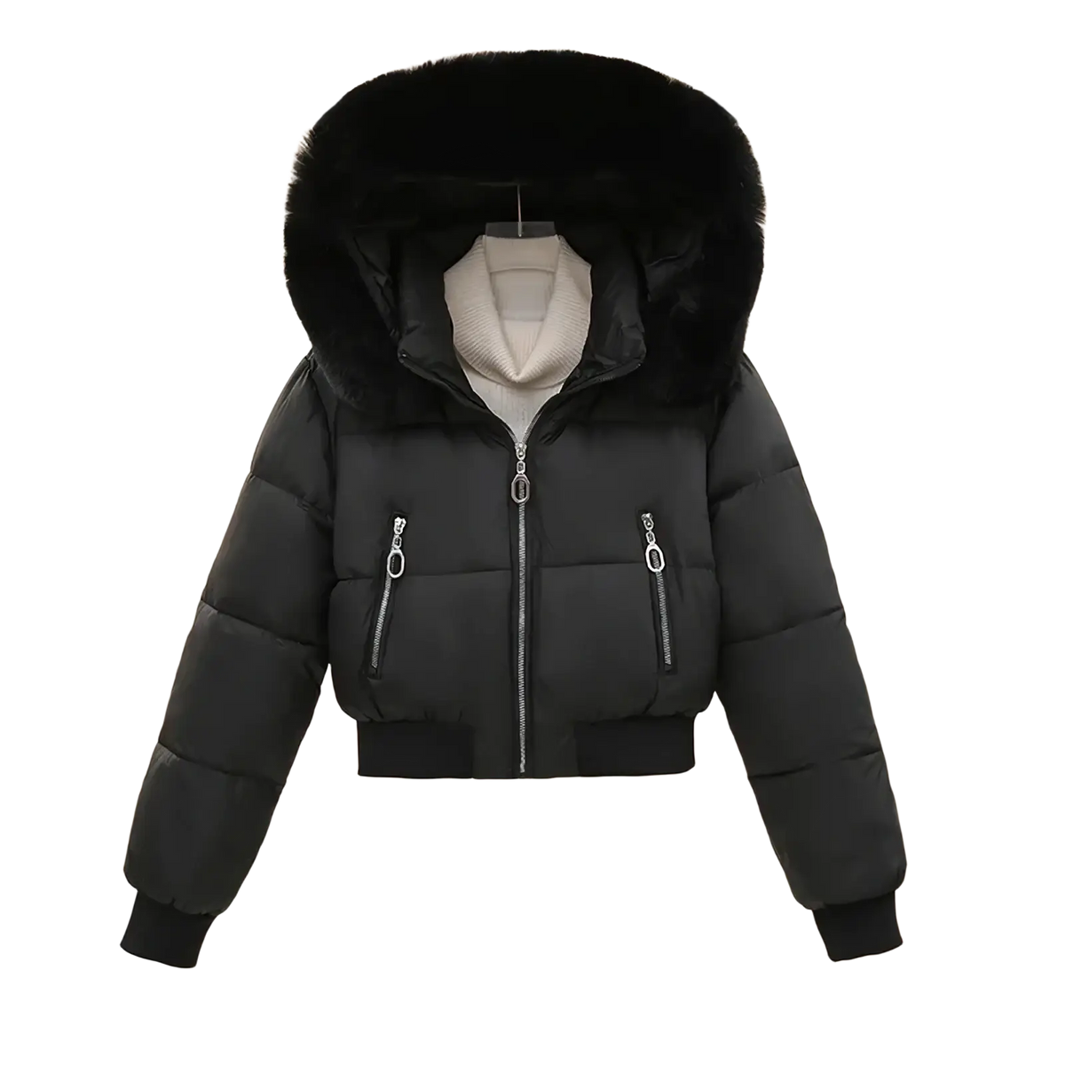 Black women winter velvet puffer jacket with plush fur-lined hood and silver zippers for cold weather use