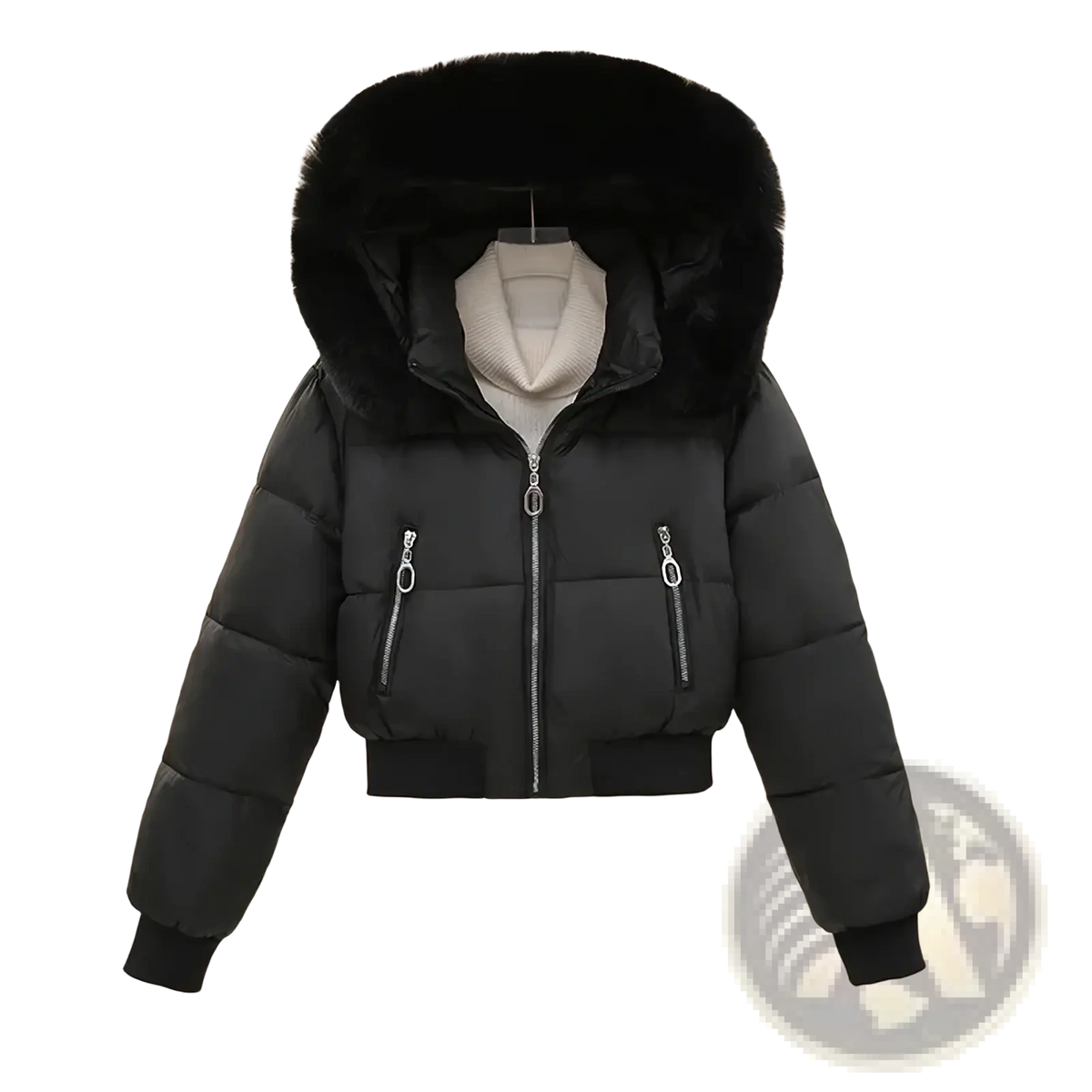 Black women winter velvet puffer jacket with plush fur-lined hood and silver zippers for cold weather use