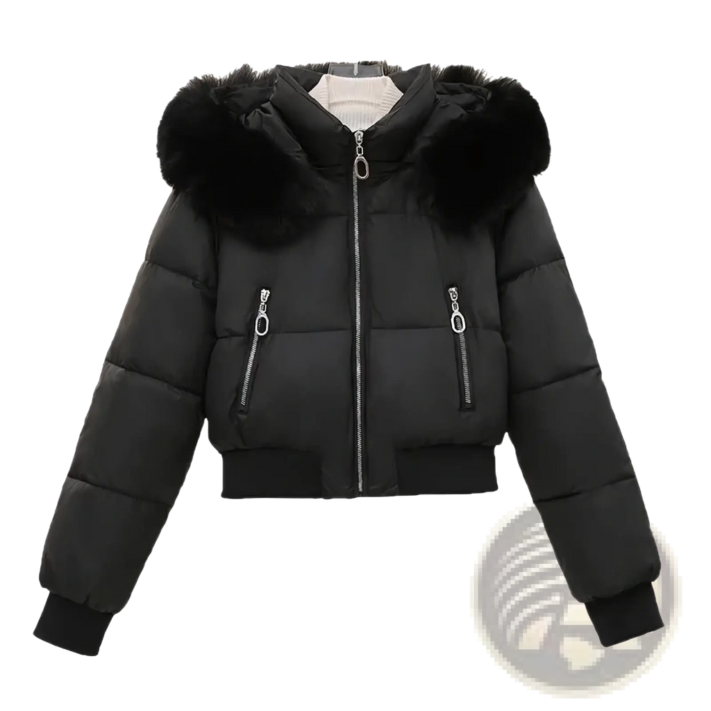 Black women winter velvet puffer jacket with plush fur-lined hood and silver zippers for cold weather use