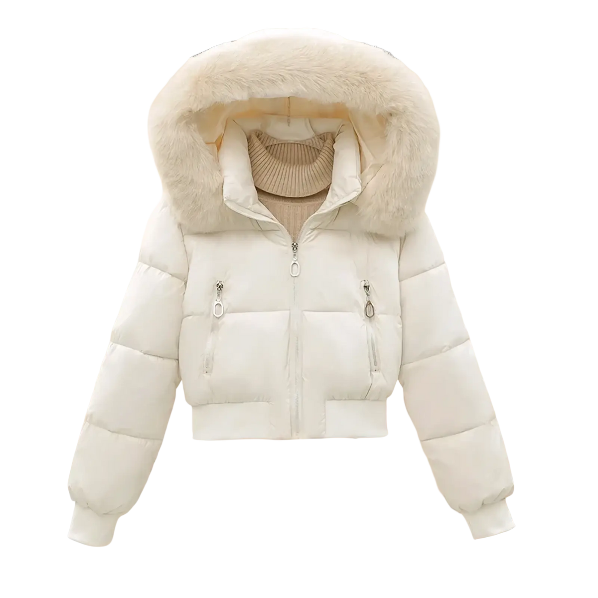 Cream-colored women winter velvet puffer jacket with a plush fluffy hood and silver zippers for cold weather