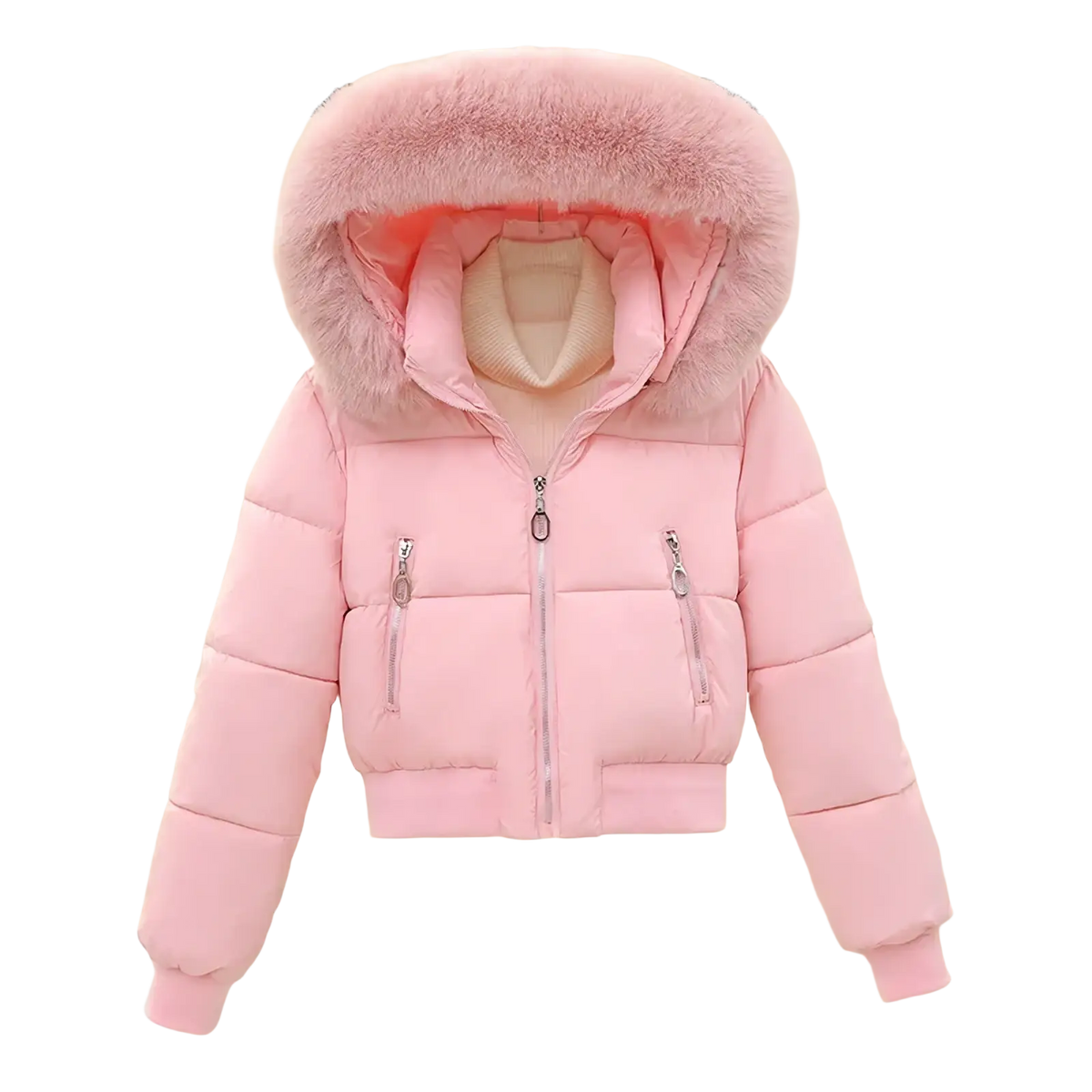 Women winter velvet pink puffer jacket with a fluffy fur-lined hood and silver zippers for cold weather