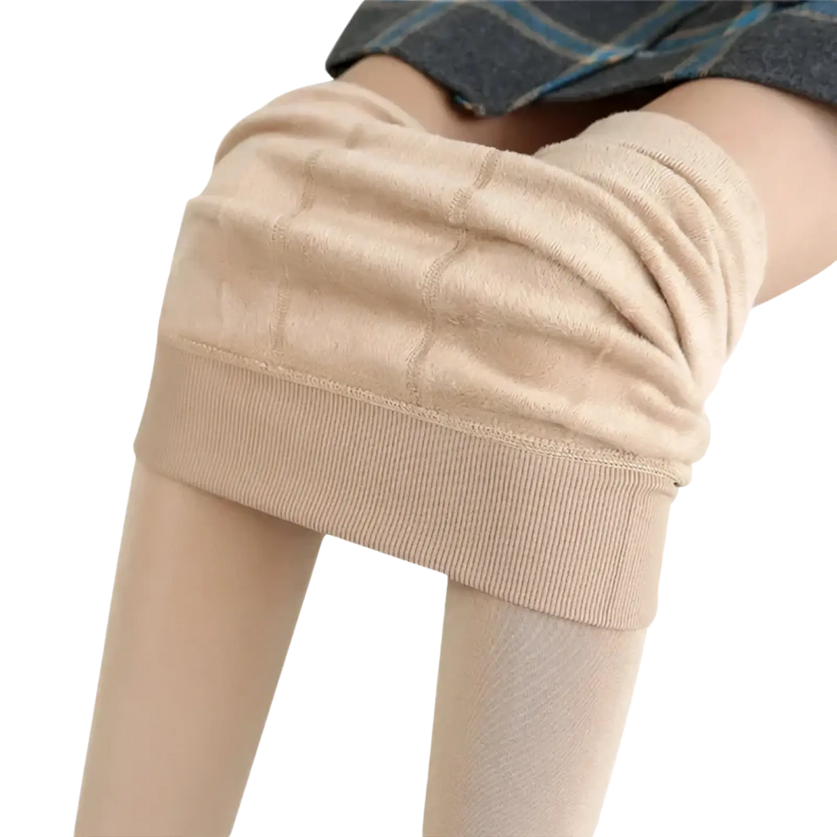 Beige women winter warm fleece lined high waist leggings with ribbed waistband and quilted thermal texture