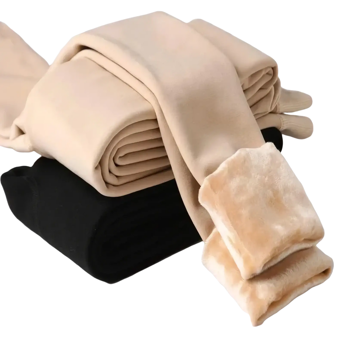 Beige women winter warm fleece lined high waist leggings with plush fleece-lined cuffs for thermal comfort