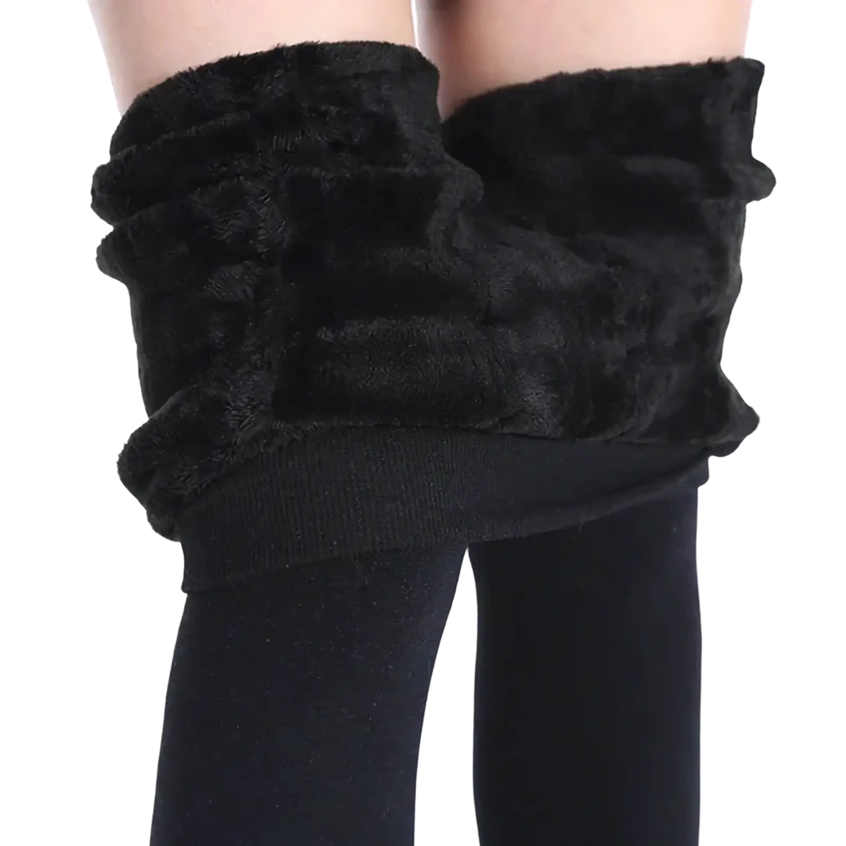 Black faux fur leg warmers with plush texture and ribbed knit cuffs for women winter warm fleece lined leggings