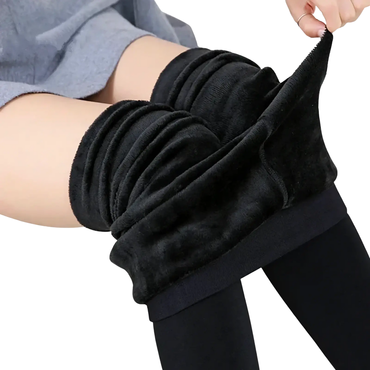 Black plush-lined women winter warm fleece lined leggings with ribbed elastic high waist waistband
