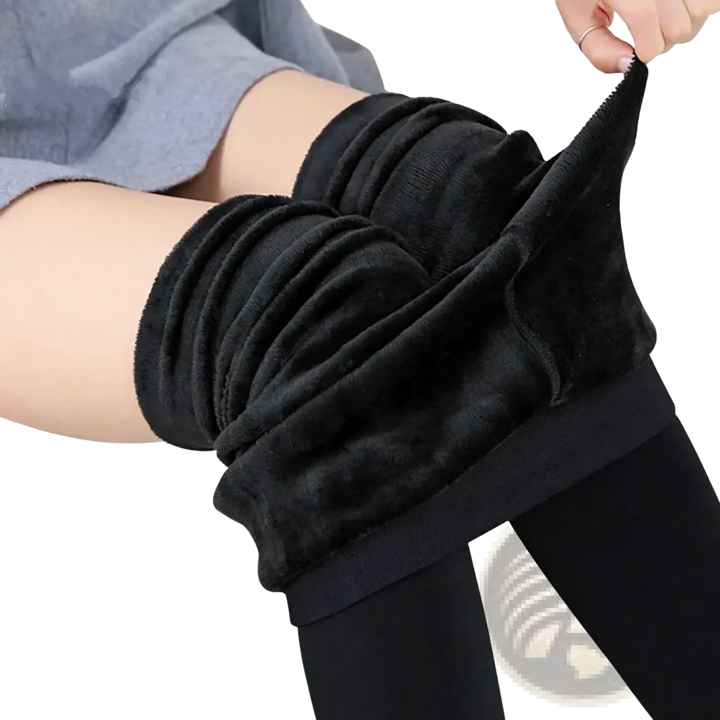 Black plush-lined women winter warm fleece lined leggings with ribbed elastic high waist waistband