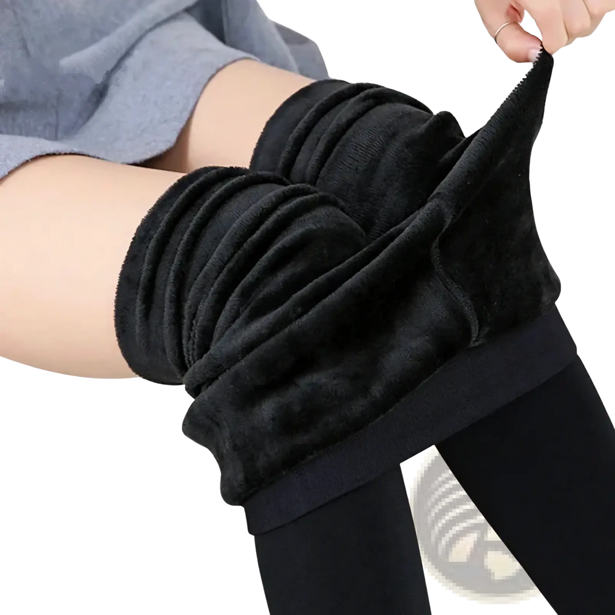 Black plush-lined women winter warm fleece lined leggings with ribbed elastic high waist waistband