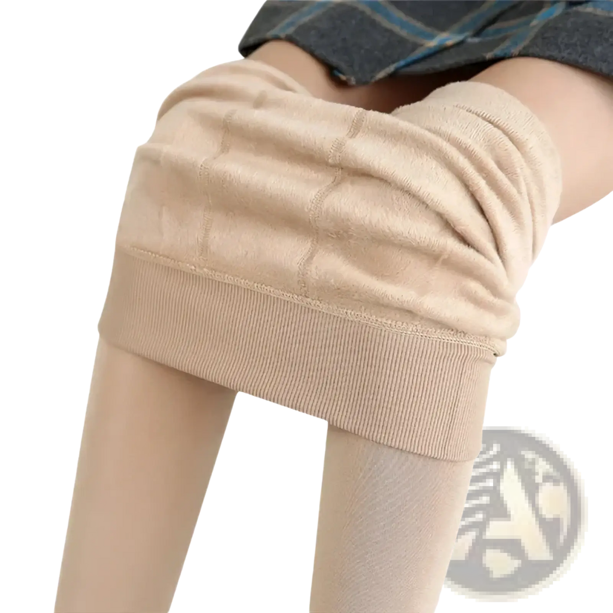 Beige women winter warm fleece lined high waist leggings with ribbed waistband and quilted thermal texture