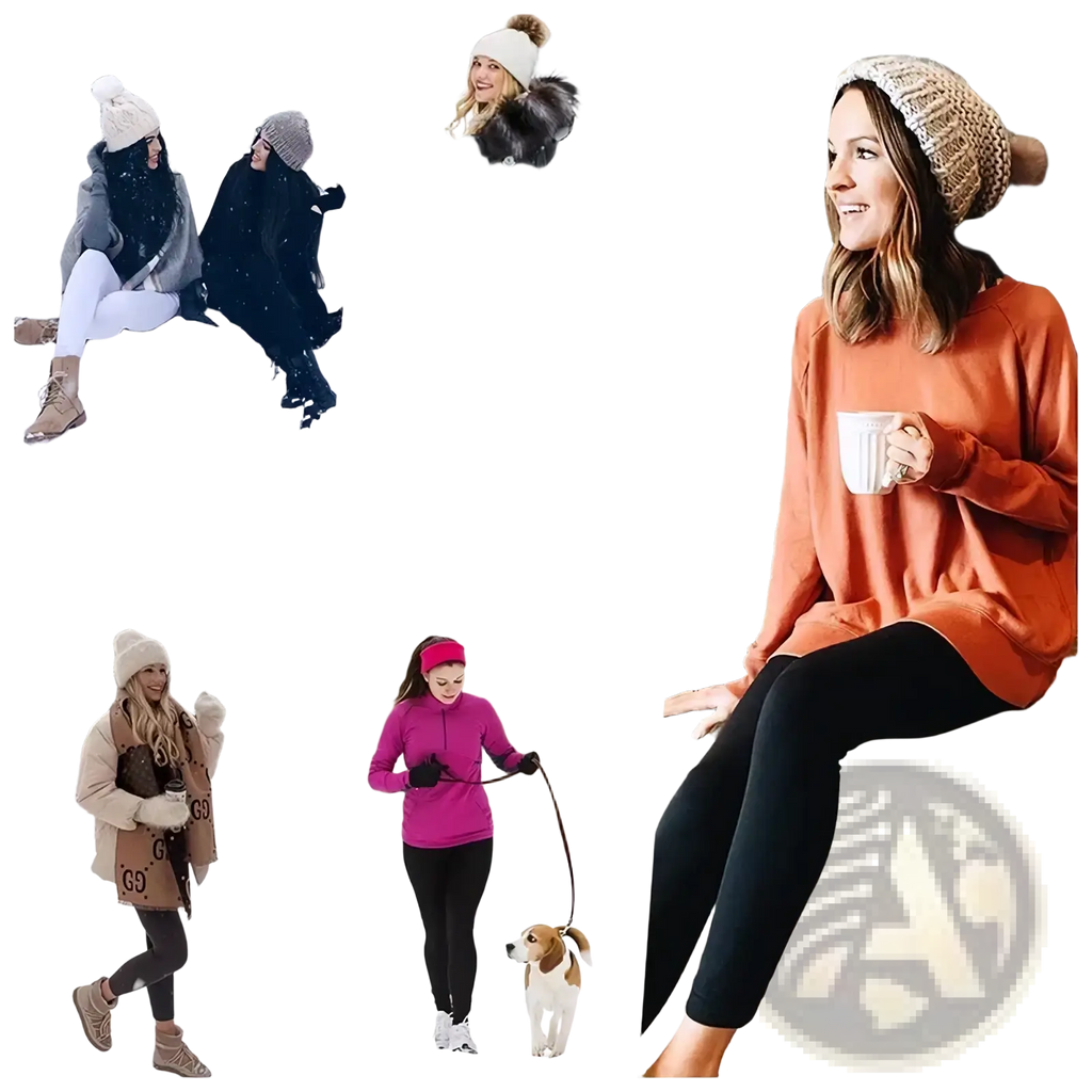 Beige knitted beanie with fluffy pom-pom paired with women winter warm fleece lined leggings