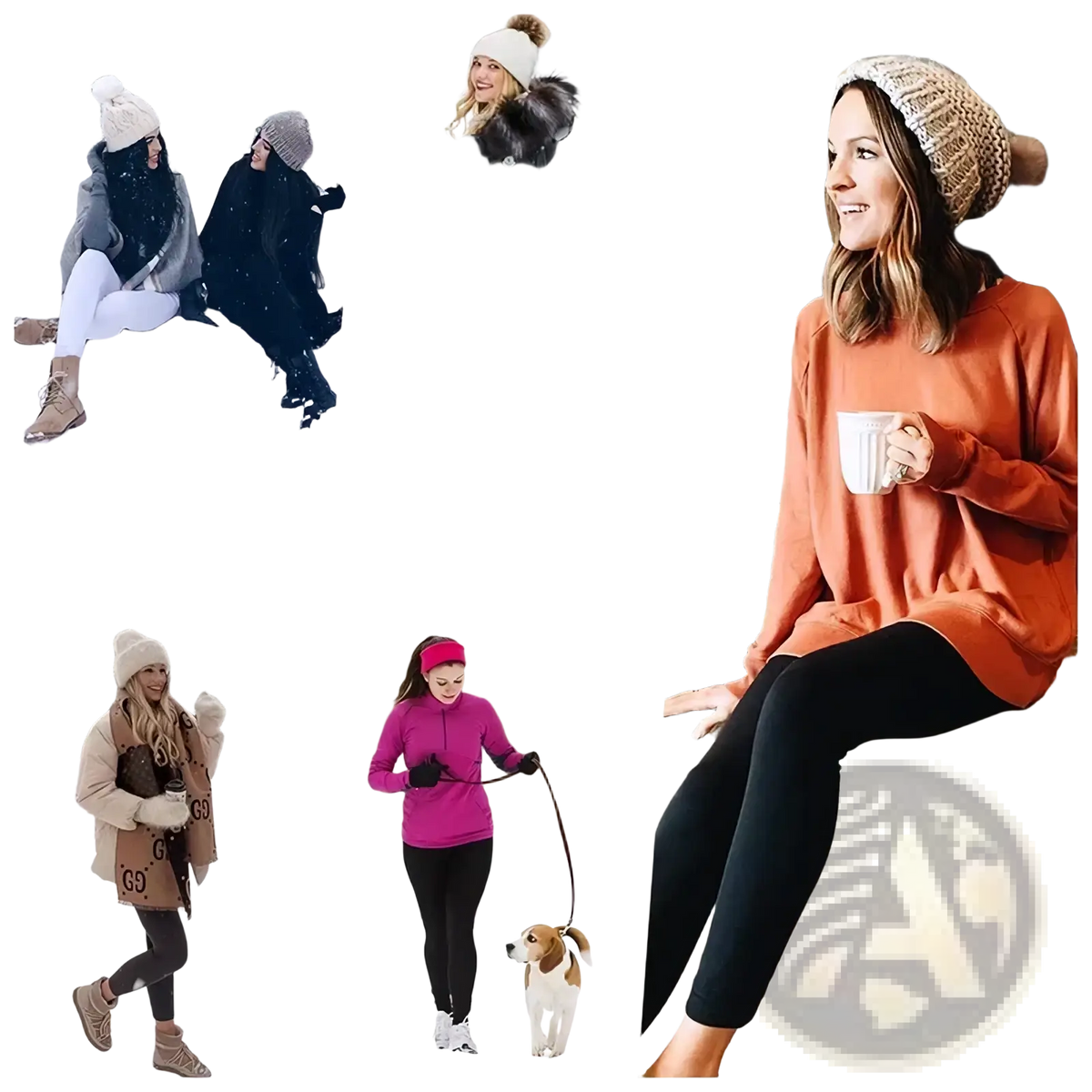 Beige knitted beanie with fluffy pom-pom paired with women winter warm fleece lined leggings