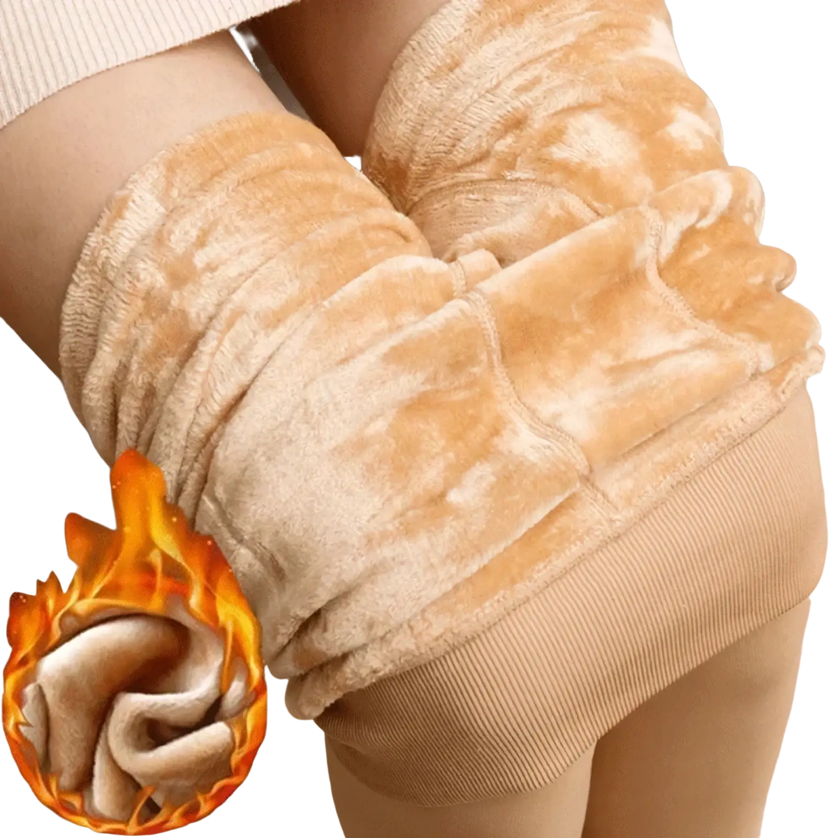 Beige women winter warm fleece lined leggings with ribbed waistband and plush interior for cold weather comfort