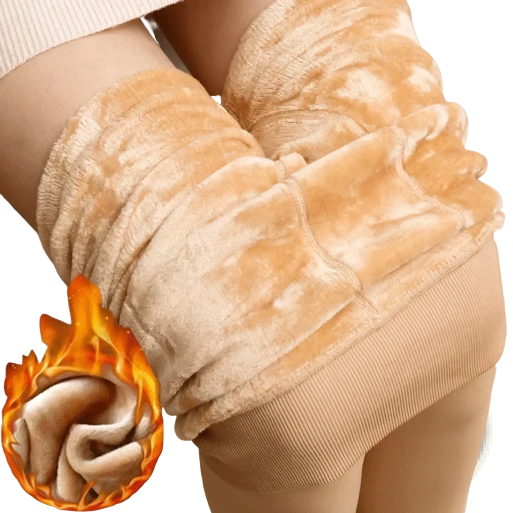 Beige women winter warm fleece lined leggings with ribbed waistband and plush interior for cold weather comfort