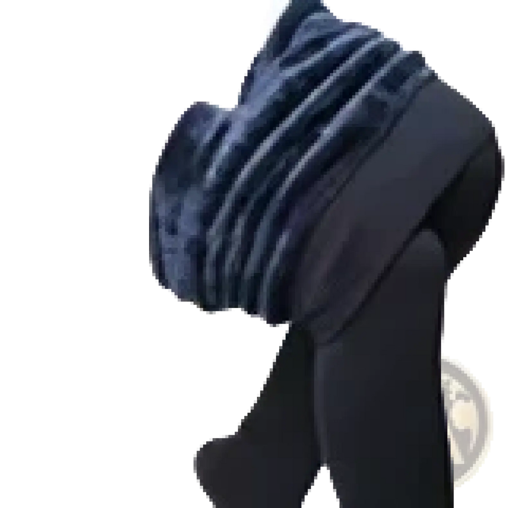 Women winter warm fleece lined leggings with a black leather belt buckle and polished metallic clasp shown from the back side