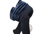 Women winter warm fleece lined leggings with a black leather belt buckle and polished metallic clasp shown from the back side