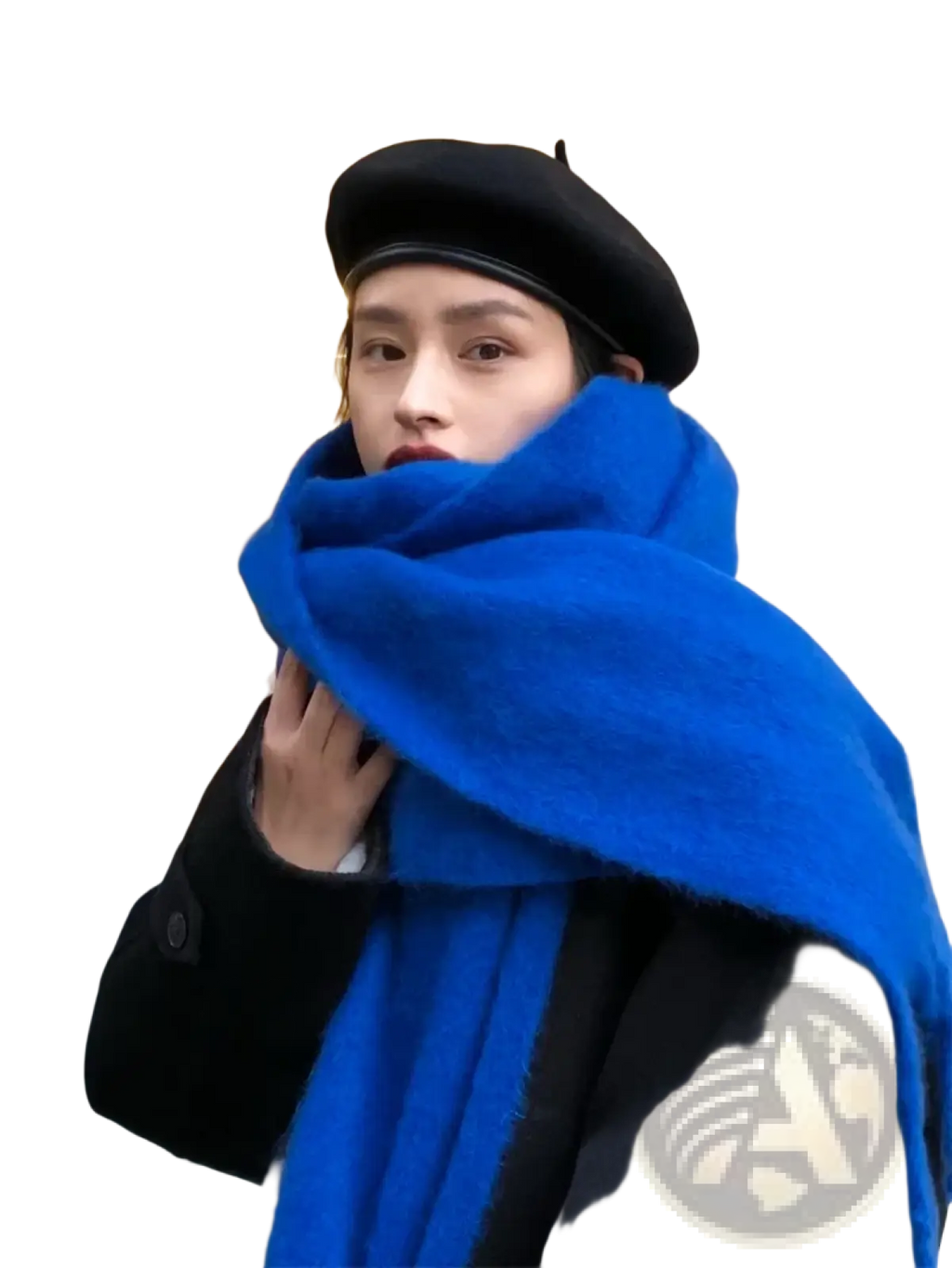 A vibrant royal blue women winter warm solid color pashmina shawl scarf with plush texture wrapped around the neck