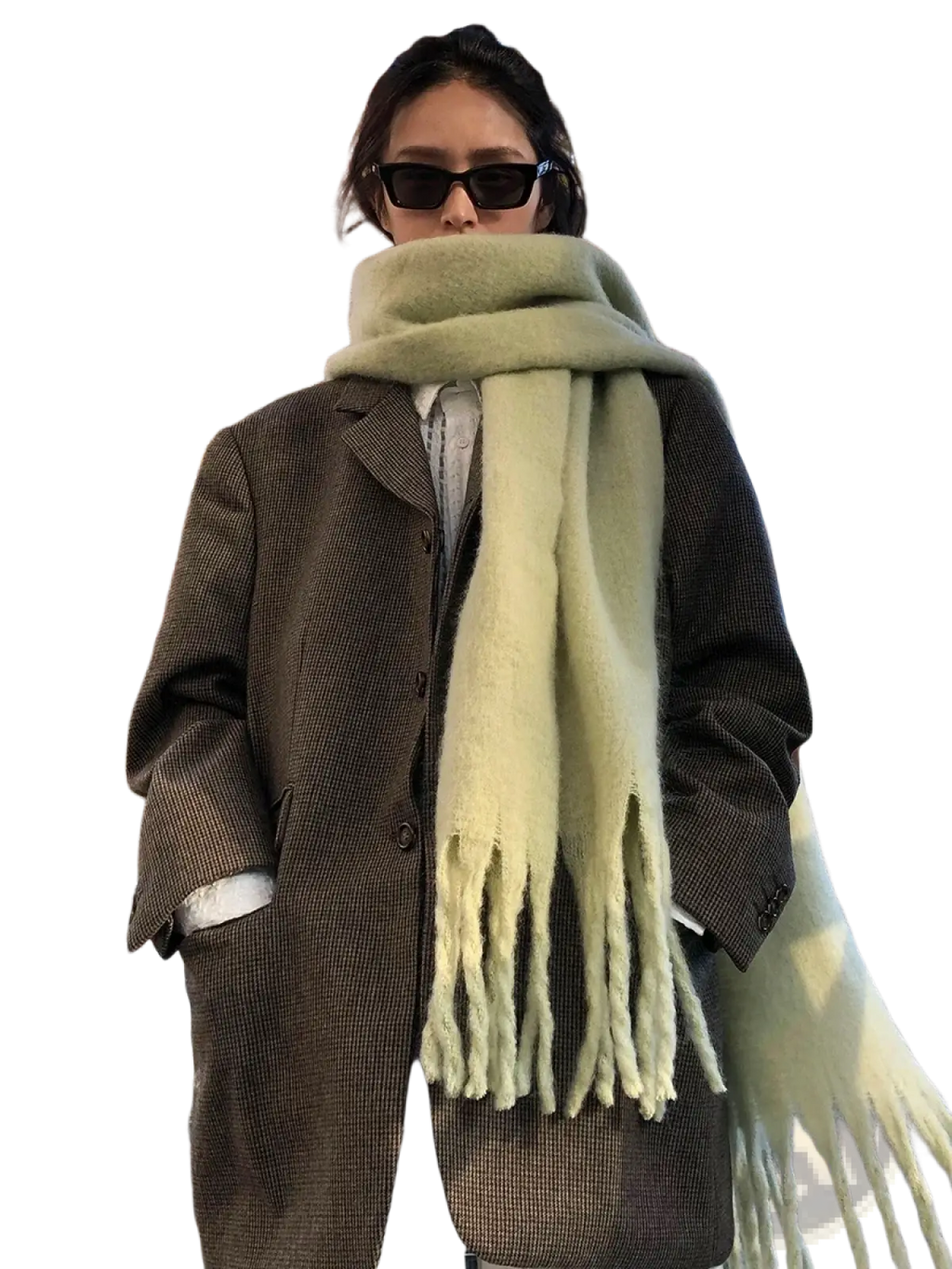 A soft pale green women winter warm pashmina shawl scarf with fringed edges and a plush texture