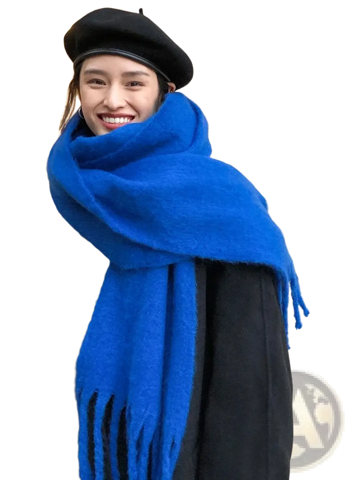Vibrant royal blue woolen women winter warm solid color pashmina shawl scarf with soft fringed edges