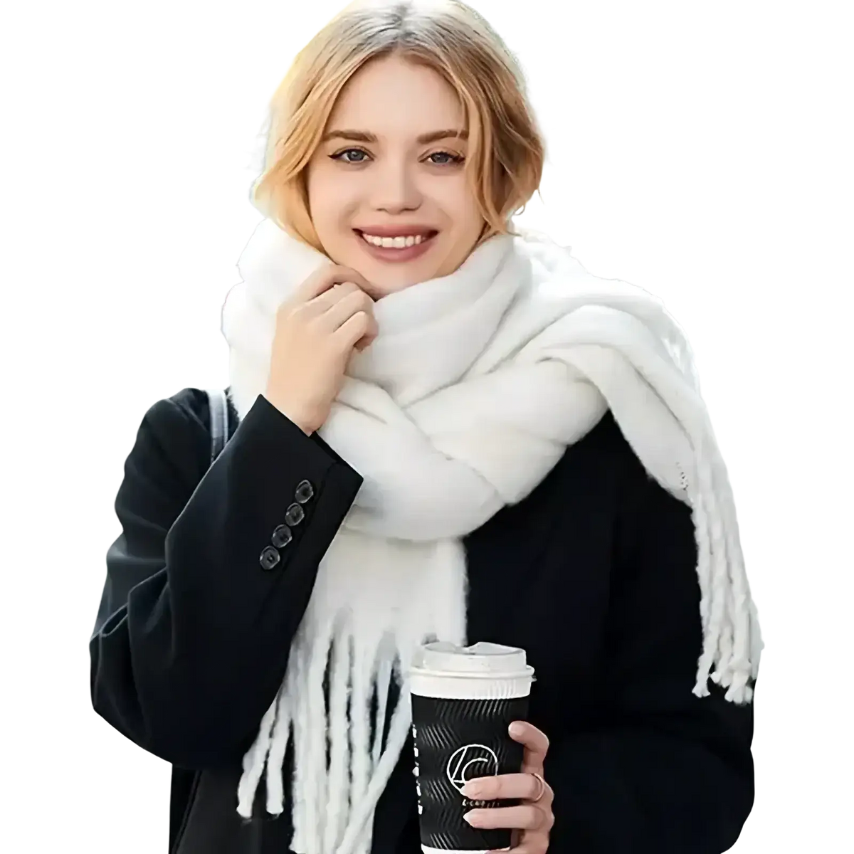 White fluffy knit pashmina shawl scarf with fringed ends for women winter warm solid color styling